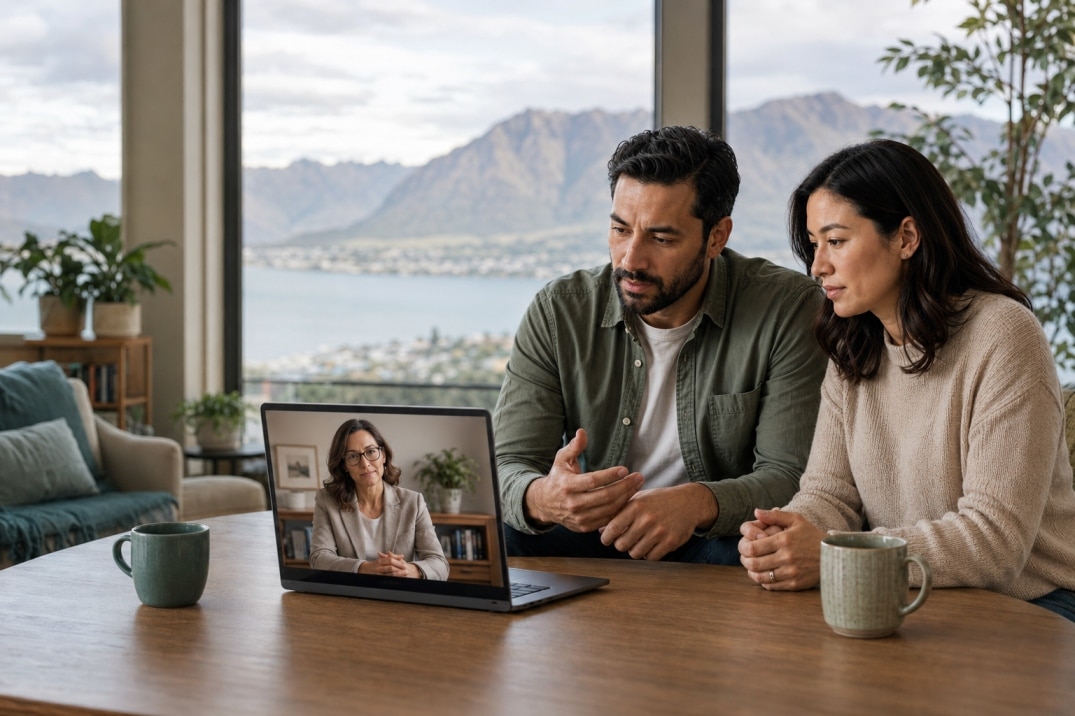 Couple attending online marriage counselling with a psychologist in Queenstown
