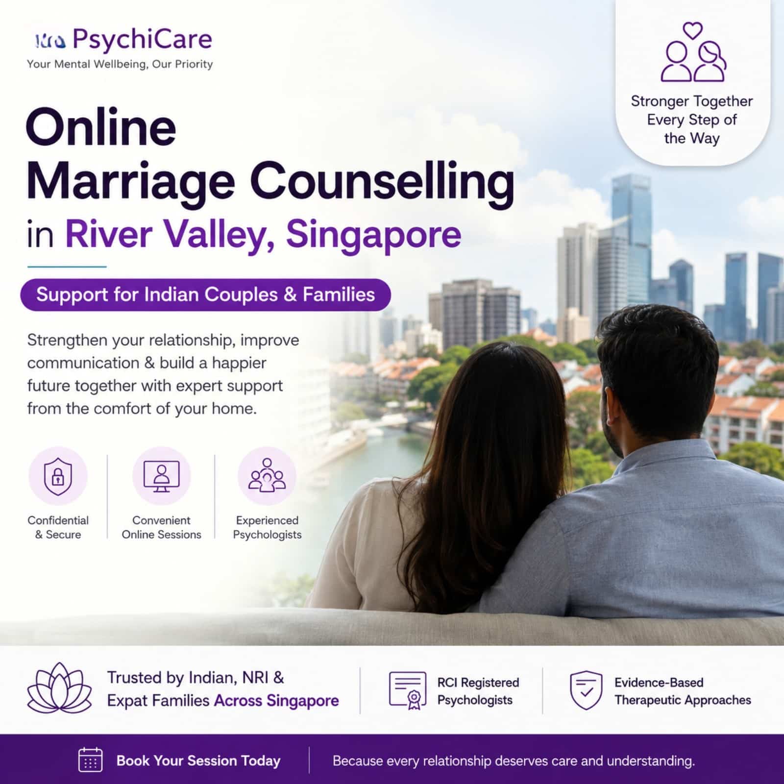 Online marriage counselling in River Valley, Singapore for Indian couples, NRIs and families by PsychiCare.