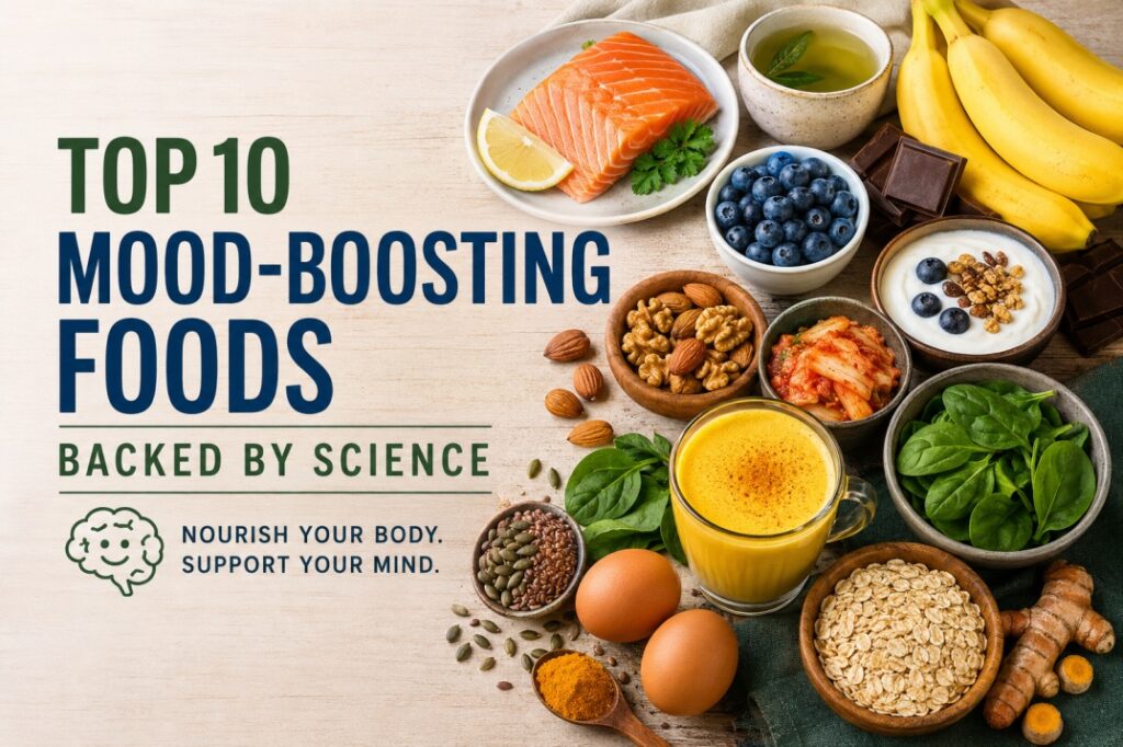 Top 10 mood-boosting foods backed by science, including salmon, bananas, berries, nuts, eggs, spinach, oats and fermented foods.