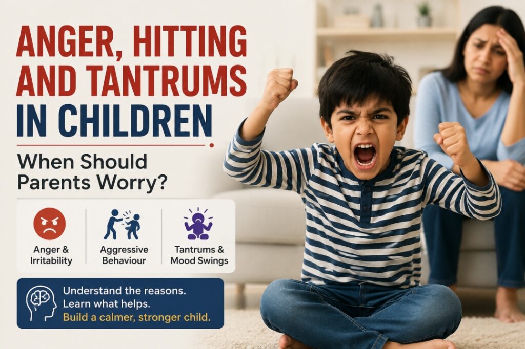Angry child having a tantrum while a concerned parent watches in the background.