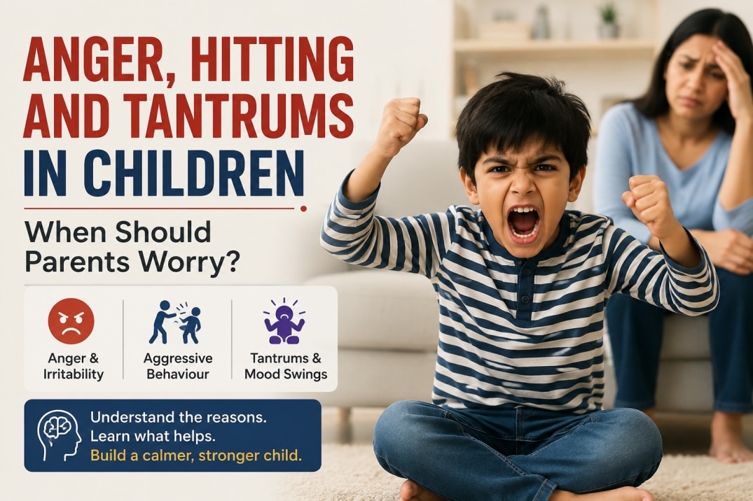 Angry child having a tantrum while a concerned parent watches in the background.