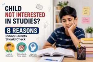 Indian child sitting with books and looking uninterested in studies, showing lack of motivation, focus issues and learning difficulties.
