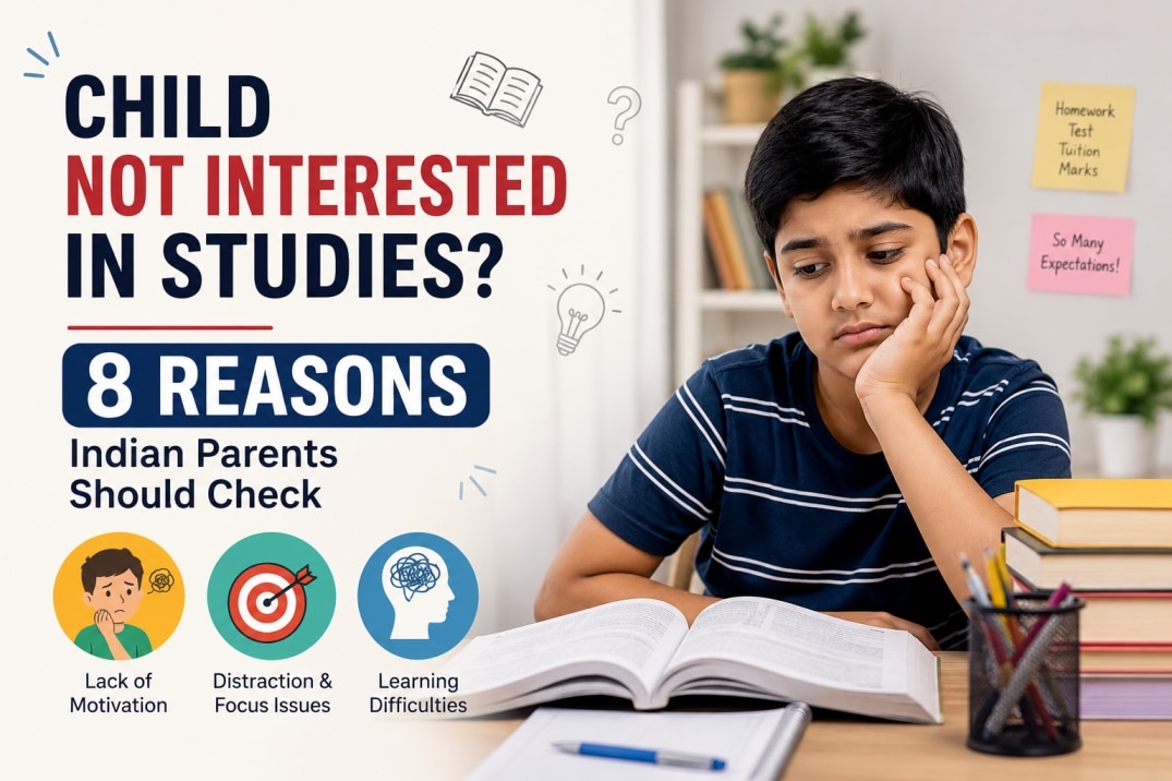 Indian child sitting with books and looking uninterested in studies, showing lack of motivation, focus issues and learning difficulties.