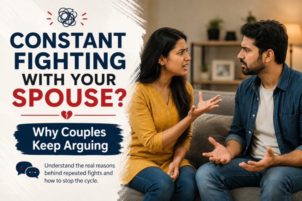 Indian married couple having frequent arguments at home due to constant fighting with spouse
