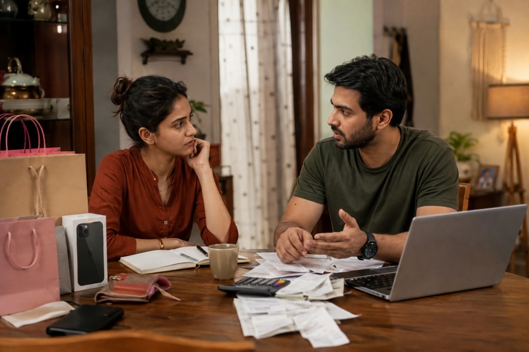 Indian couple discussing household expenses and different spending habits
