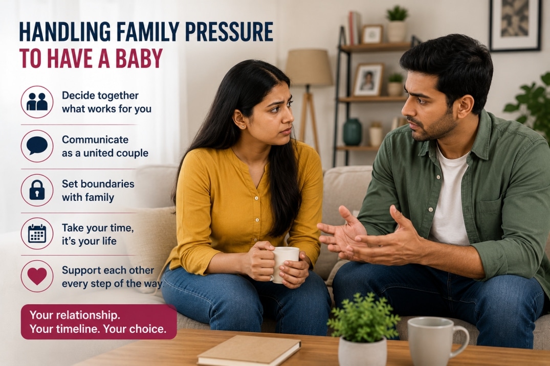 Indian couple discussing how to handle family pressure to have a baby