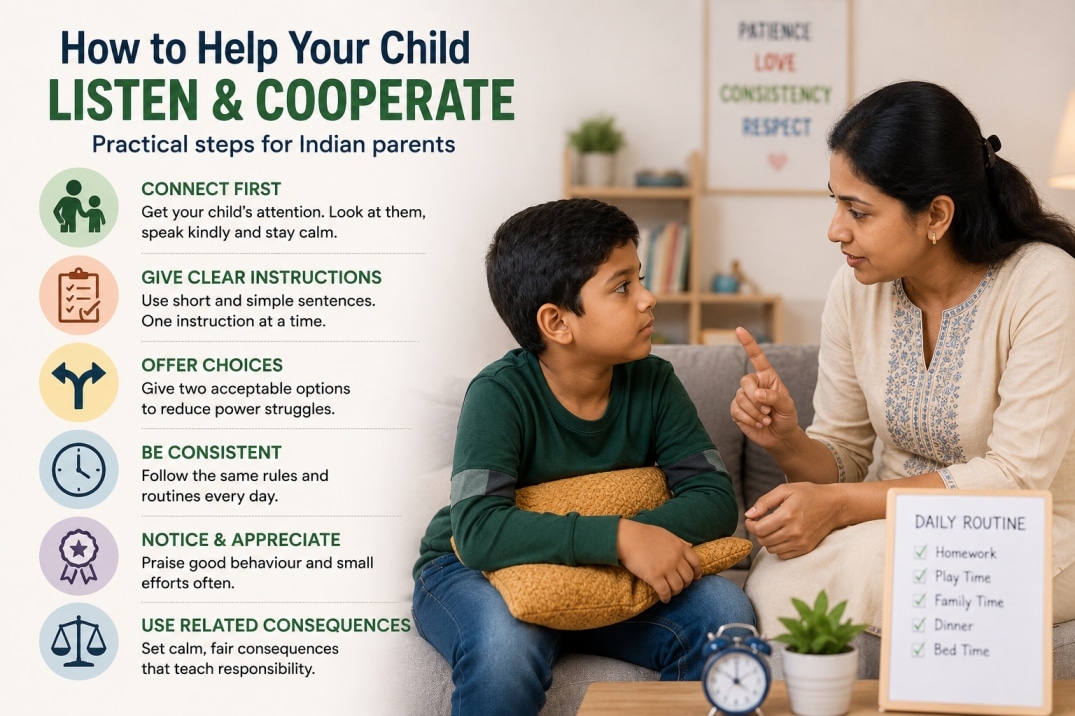 Indian mother calmly helping her child listen and cooperate using clear instructions and consistent routines