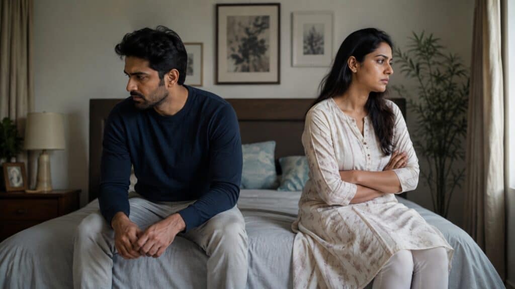 Indian husband and wife sitting apart due to lack of physical intimacy in marriage