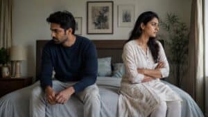 Indian husband and wife sitting apart due to lack of physical intimacy in marriage