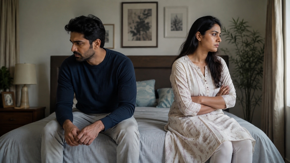 Indian husband and wife sitting apart due to lack of physical intimacy in marriage
