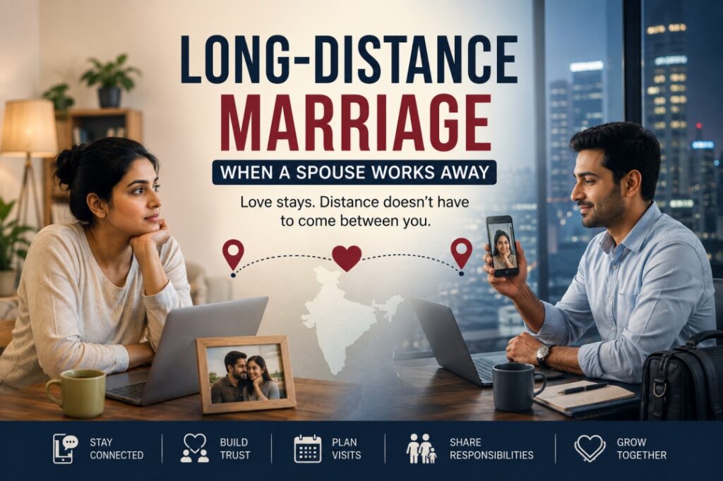 Long-distance marriage in India with a spouse working in another city and staying connected through video calls