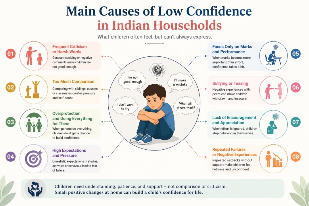 Infographic showing common causes of low confidence in children, including criticism, comparison, overprotection, pressure, bullying and repeated setbacks.