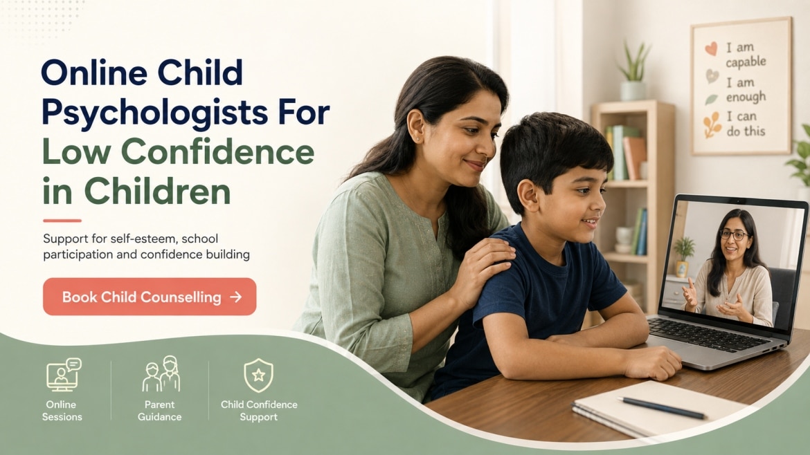 Indian parent and child attending an online session with a child psychologist for low confidence and self-esteem concerns.