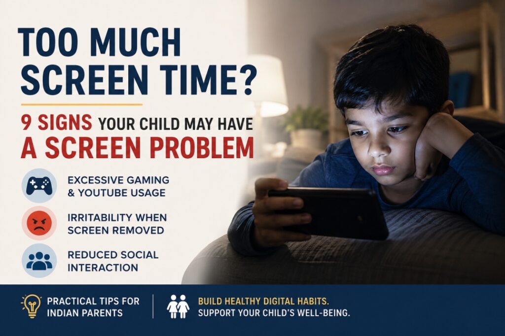 Child using a mobile phone showing signs of excessive screen time, gaming and YouTube use in children.