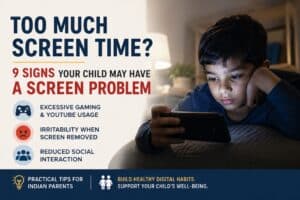 Child using a mobile phone showing signs of excessive screen time, gaming and YouTube use in children.