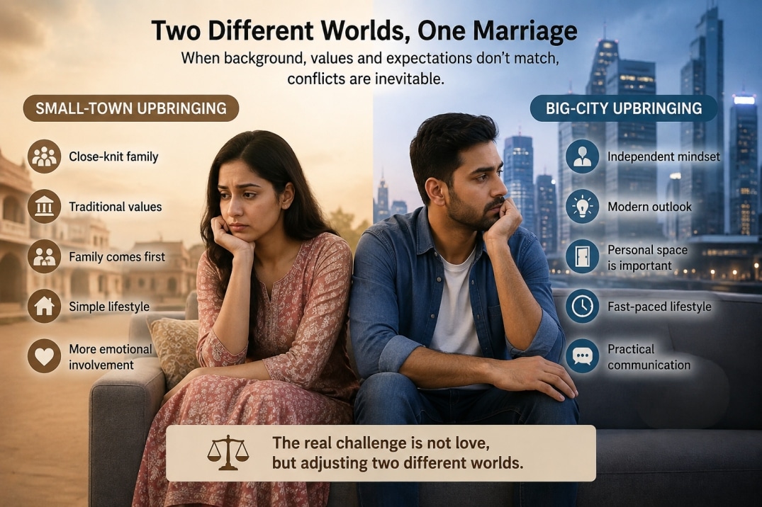 Indian couple facing lifestyle differences in marriage due to small-town and big-city upbringing, family expectations and adjustment issues
