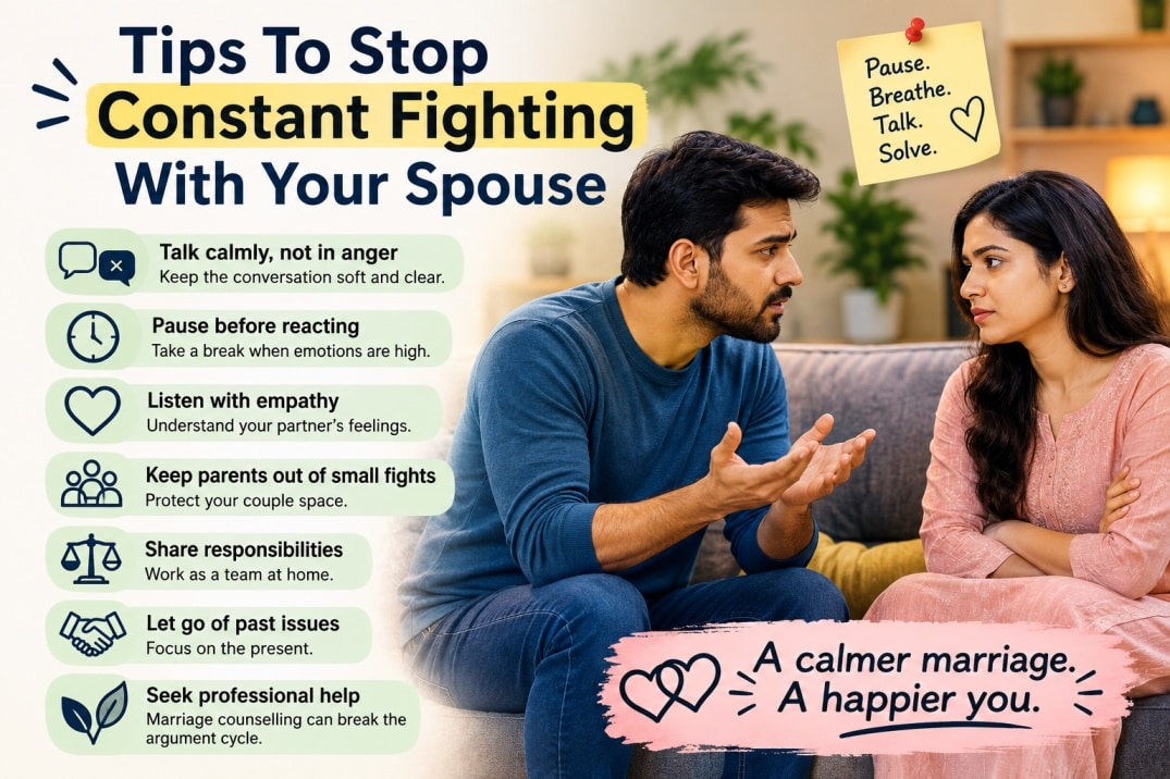 Tips to stop constant fighting with your spouse through calm communication, boundaries, shared responsibilities and marriage counselling