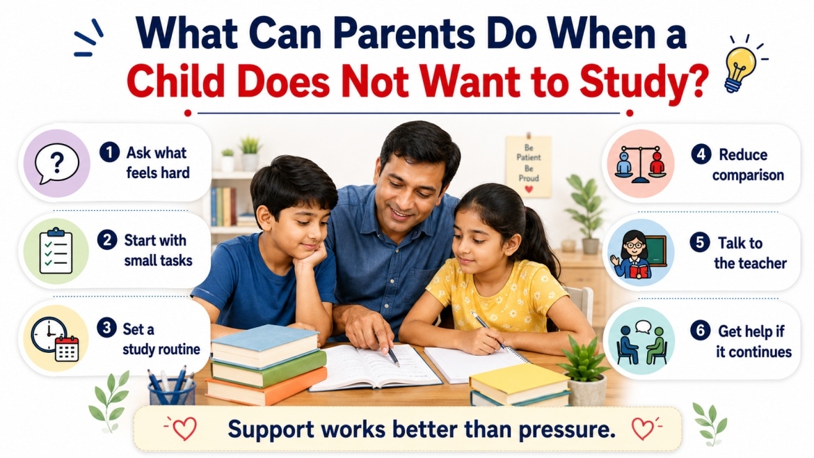 Indian parent helping a boy and girl study with simple tips like small tasks, study routine, less comparison and teacher support.