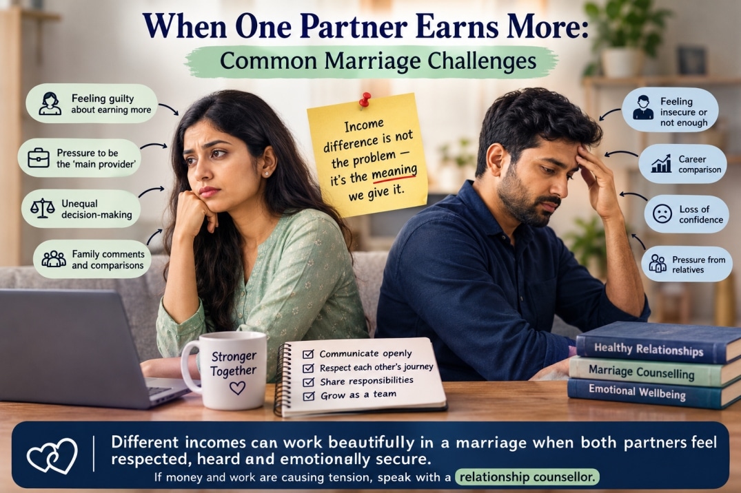 Indian couple facing marriage challenges when one partner earns more, including insecurity, family pressure and income differences