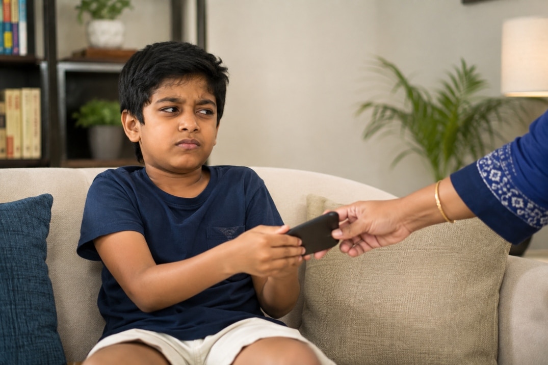 Irritated child holding onto a mobile phone while a parent tries to take it away during screen time.