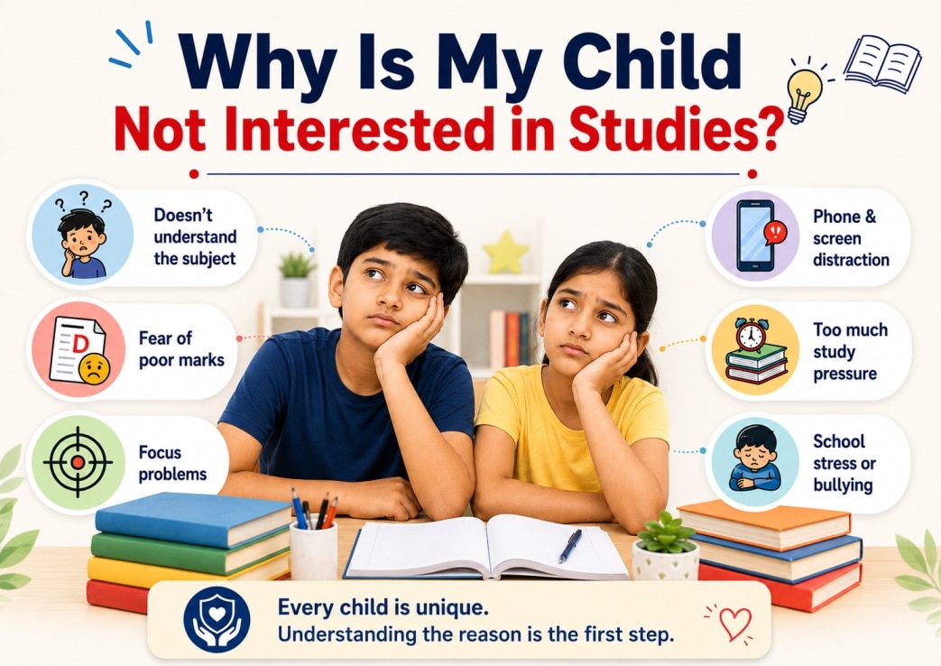 Indian boy and girl struggling with studies due to poor marks, focus problems, screen distraction, study pressure and school stress.