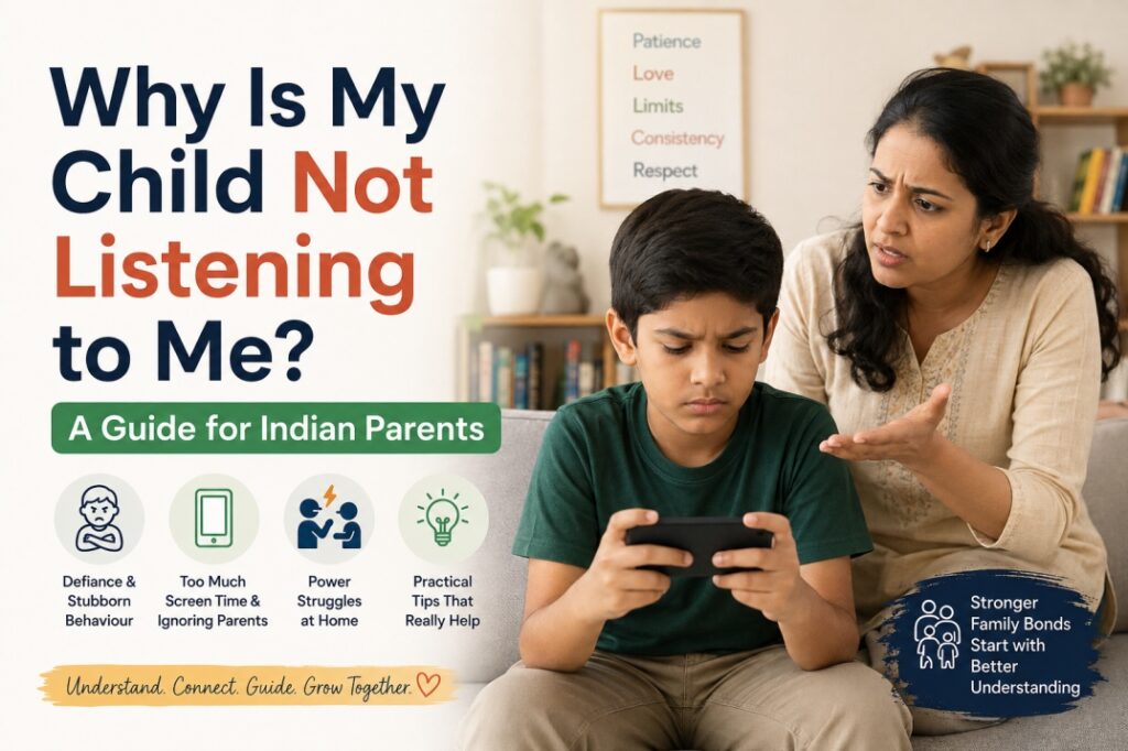 Indian mother talking to a child who is not listening and using a smartphone at home