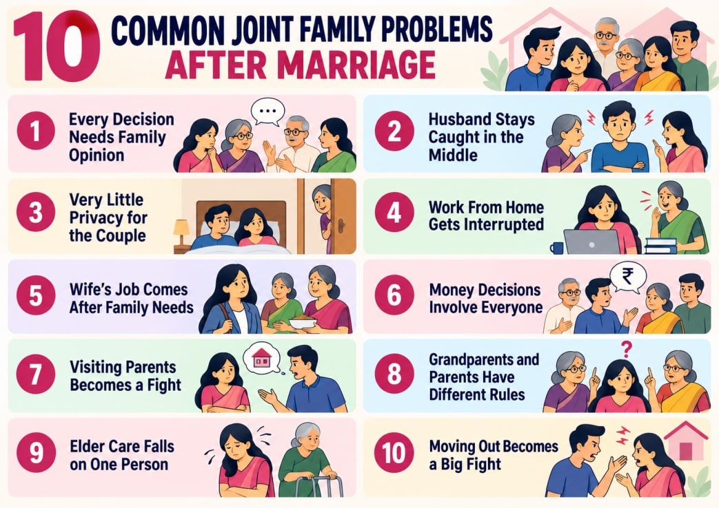 10 common joint family problems after marriage in India including privacy, money, career, parenting, elder care and family decisions