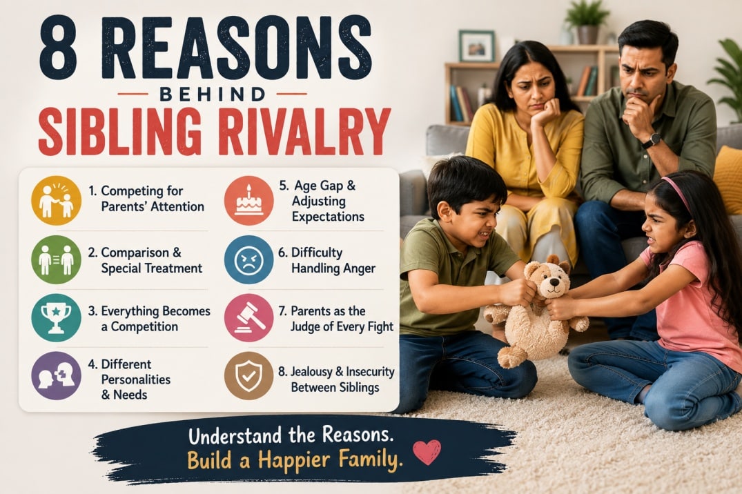 Indian brother and sister fighting while parents look concerned, with common causes of sibling rivalry such as jealousy, comparison and attention-seeking.