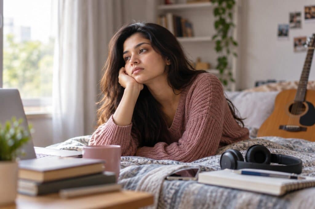 Young Indian woman feeling emotionally flat and losing interest in hobbies, a possible sign of anhedonia