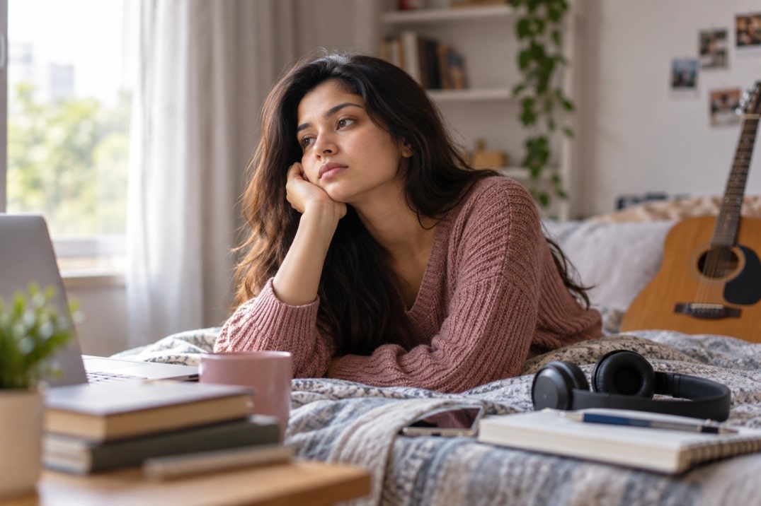 Young Indian woman feeling emotionally flat and losing interest in hobbies, a possible sign of anhedonia