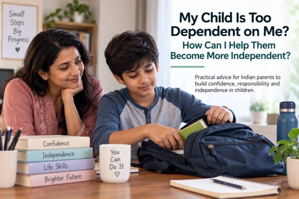 Indian mother encouraging her child to pack a school bag independently and take more responsibility for everyday tasks.
