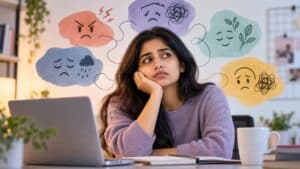 Young Indian woman feeling overwhelmed by strong emotions while sitting at her desk