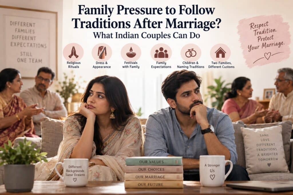 Indian couple facing family pressure to follow traditions after marriage while relatives discuss cultural expectations