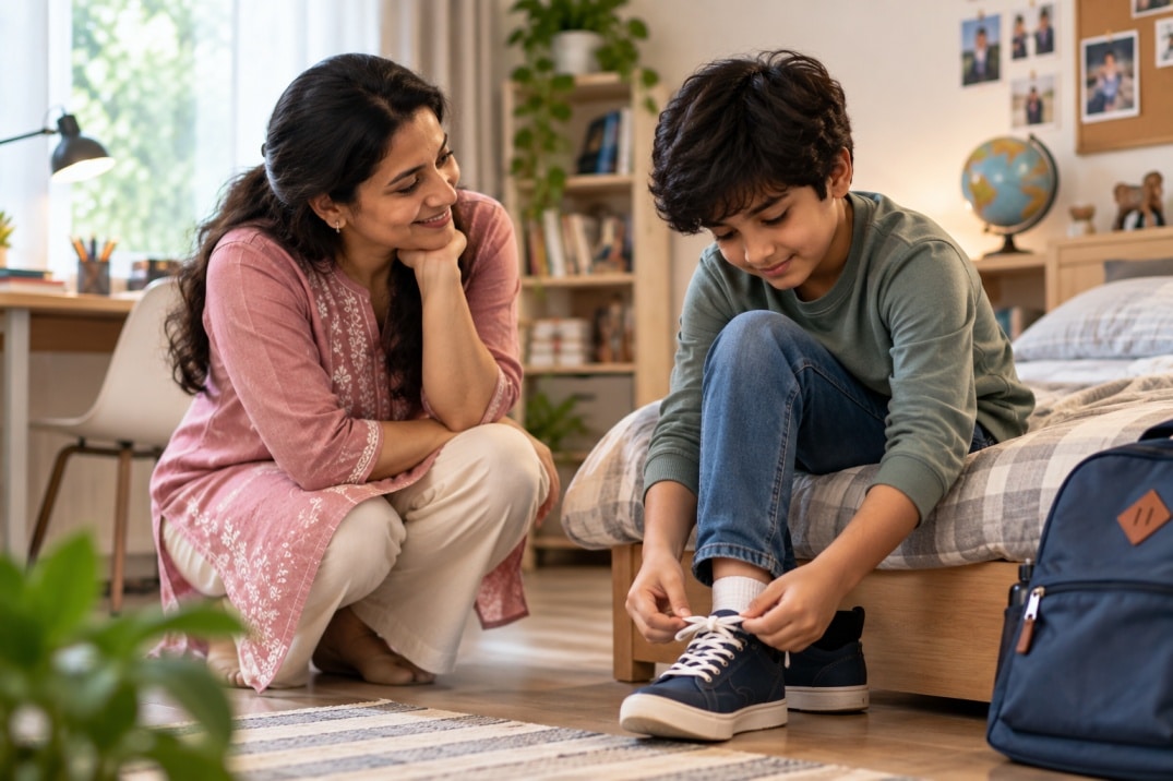 Indian mother encouraging her child to tie his shoes independently while offering support without taking over.