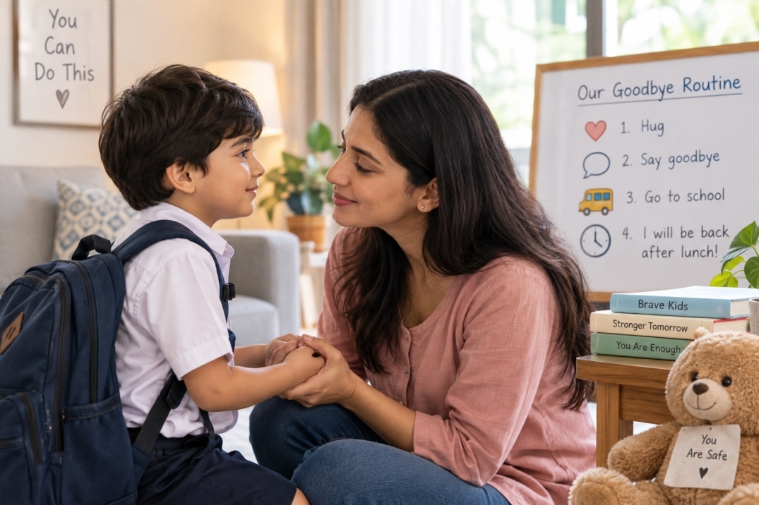 Parent reassuring a child before school with a simple goodbye routine to help manage separation anxiety.