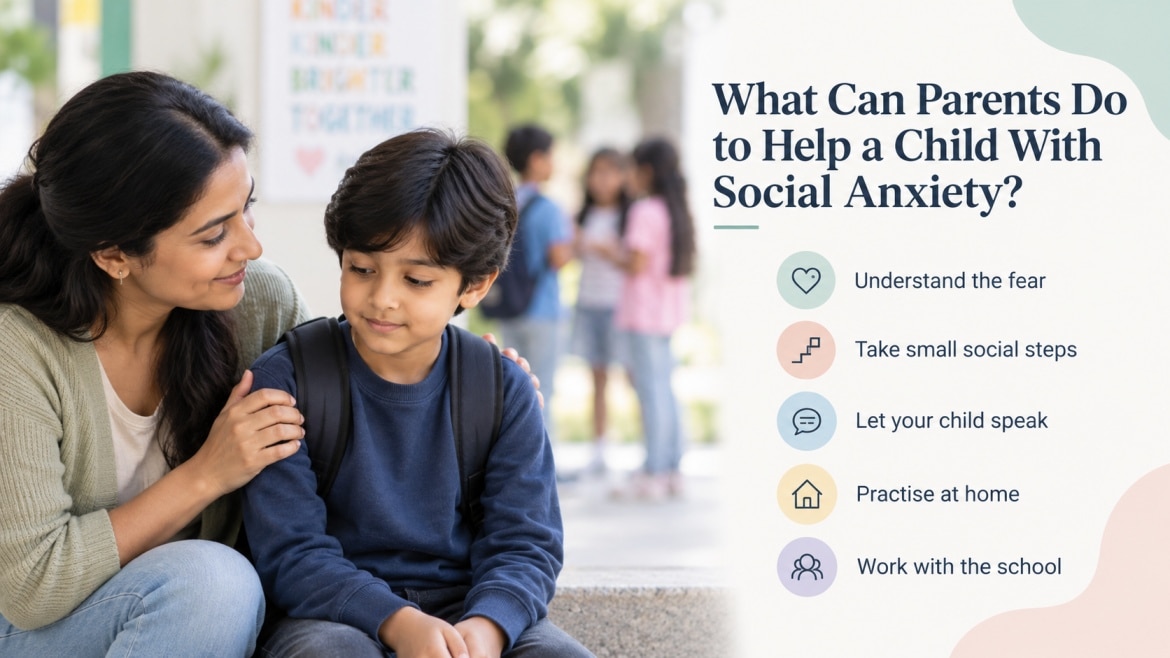 Parent supporting a child with social anxiety through small social steps, communication, home practice, and school support.