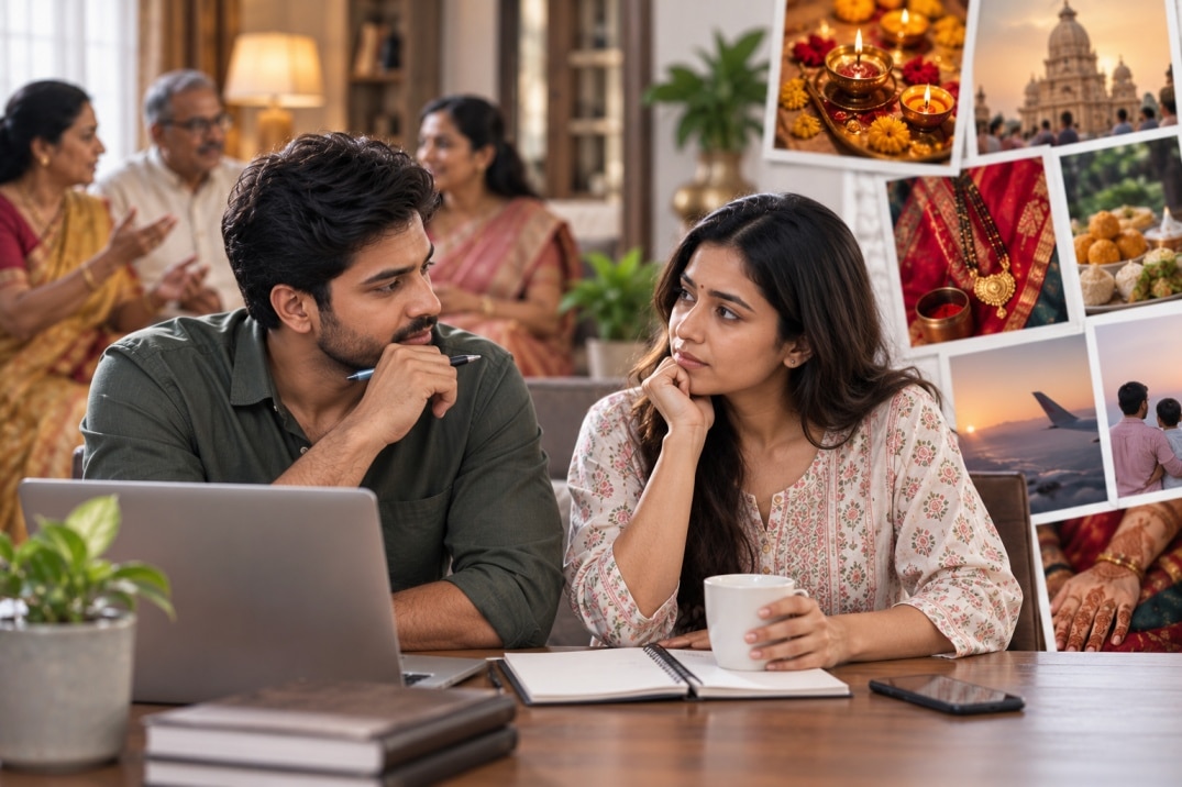 Indian couple discussing family traditions, festivals and cultural expectations after marriage