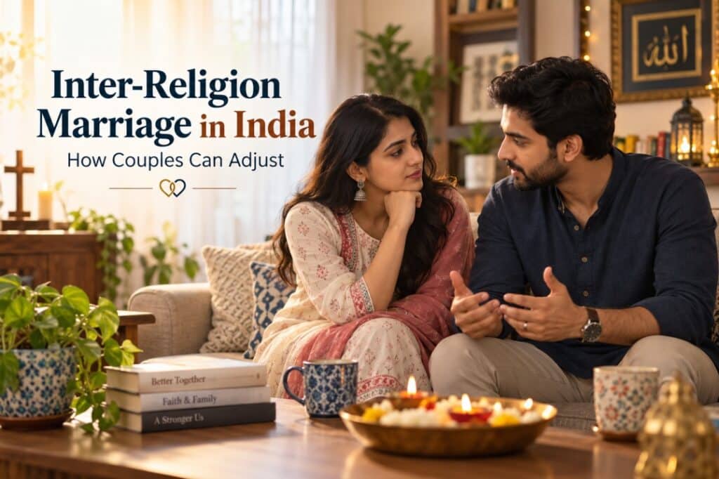 Indian interfaith couple discussing religion, family traditions and marriage adjustment at home
