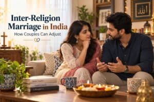 Indian interfaith couple discussing religion, family traditions and marriage adjustment at home