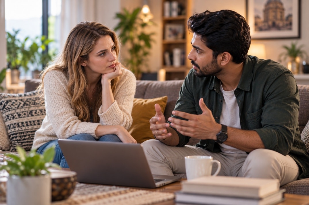 Indian husband and English wife having a serious discussion about interfaith marriage and cultural differences