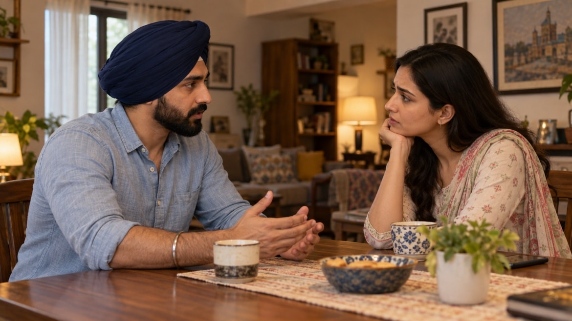 Sikh husband and wife from different religious backgrounds having a serious discussion at home