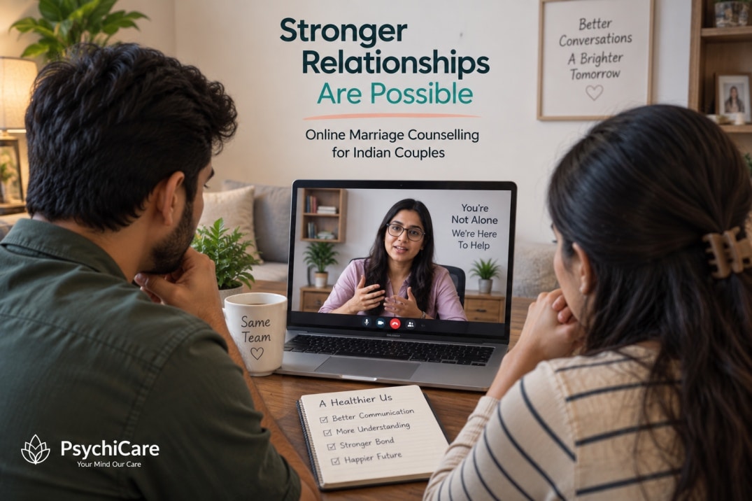 Indian couple attending an online marriage counselling session with a therapist on a laptop