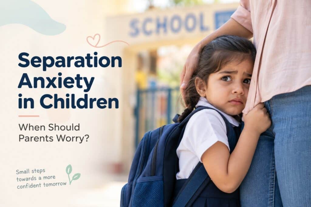 Young child showing separation anxiety while holding onto a parent at school drop-off.