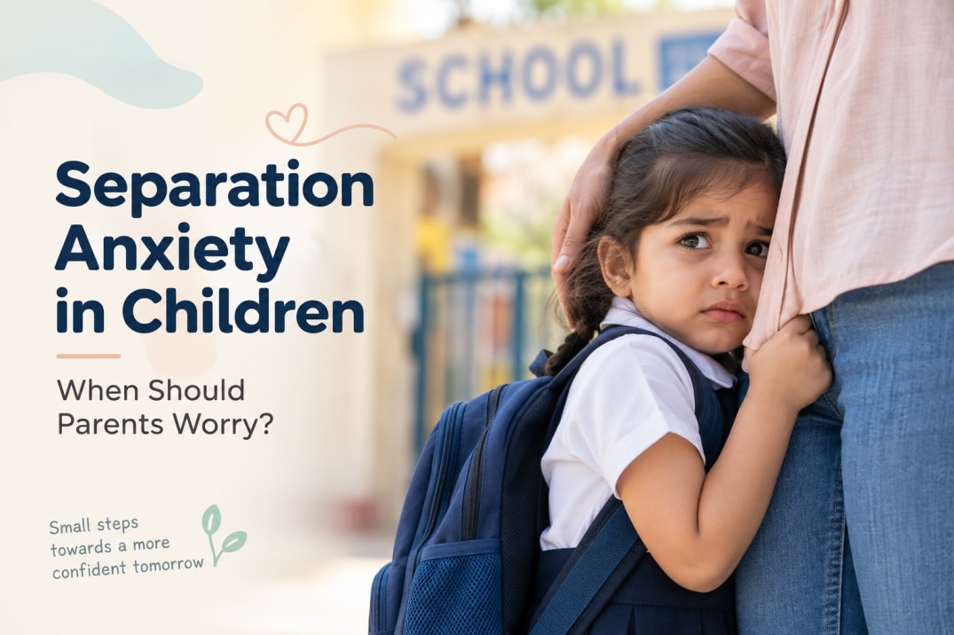 Young child showing separation anxiety while holding onto a parent at school drop-off.