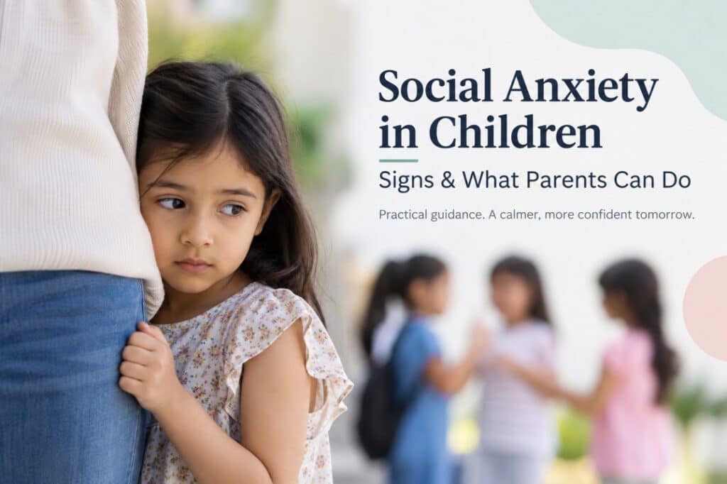 Child showing signs of social anxiety while staying close to a parent as other children interact nearby.