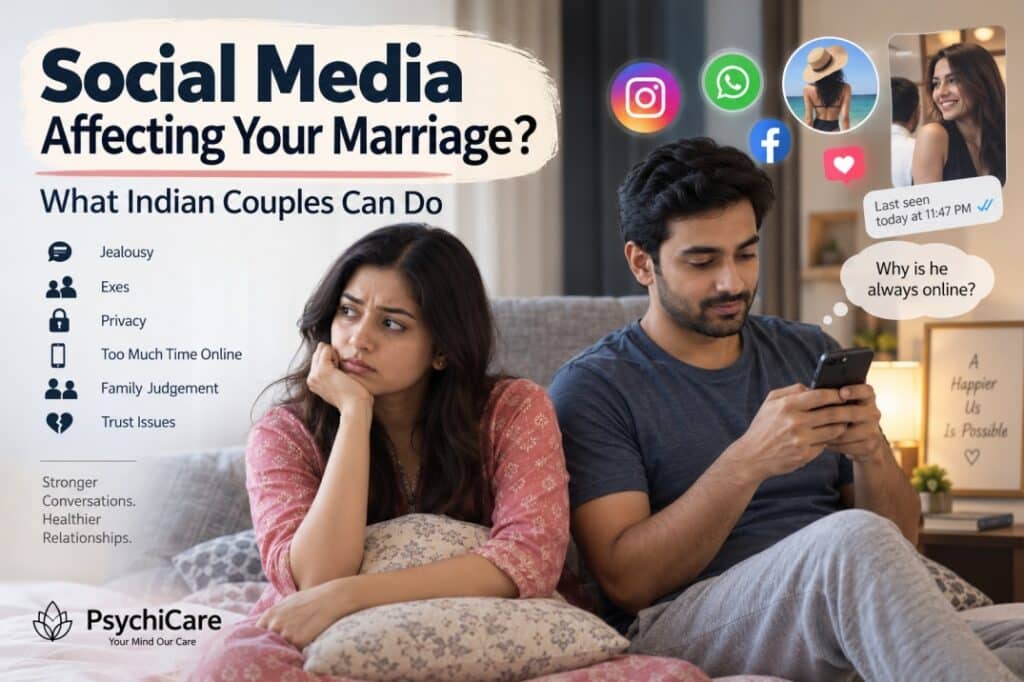 Indian couple facing marriage problems caused by social media, jealousy, phone use and trust issues