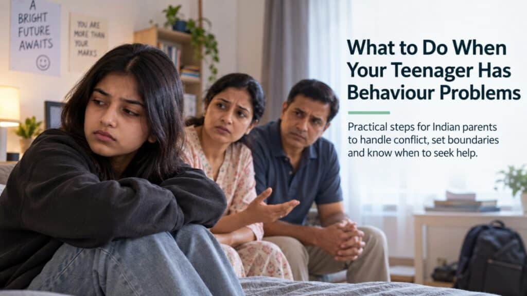 Indian teenager sitting apart from concerned parents during a difficult family conversation about behaviour and boundaries.