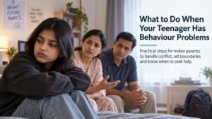 Indian teenager sitting apart from concerned parents during a difficult family conversation about behaviour and boundaries.