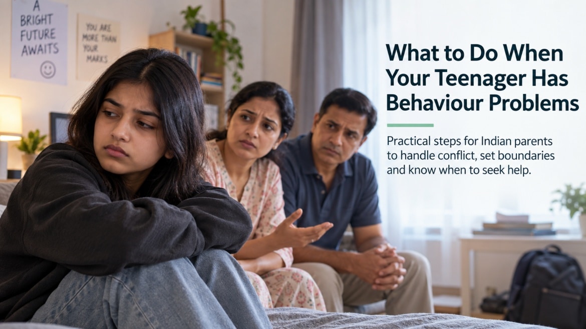 Indian teenager sitting apart from concerned parents during a difficult family conversation about behaviour and boundaries.