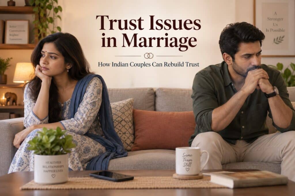 Indian couple sitting apart due to trust issues in marriage and emotional distance